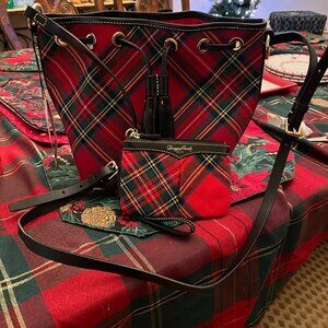 NWT Dooney and Bourke Red Plaid Bucket Bag and small zip case set!